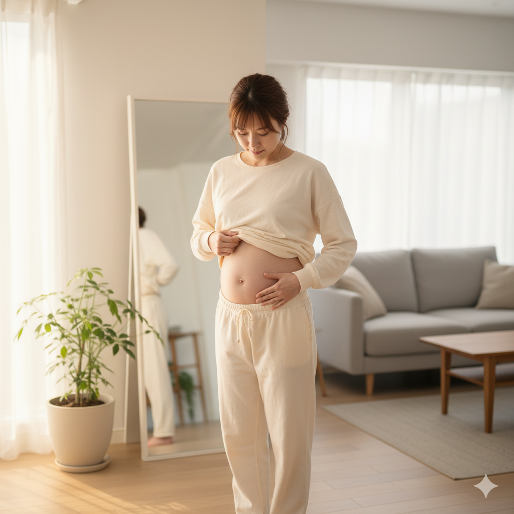 帝王切開後の産後ママがお腹を気にしている様子。帝王切開での産後にお腹がへこまない ことに悩む女性をイメージ。