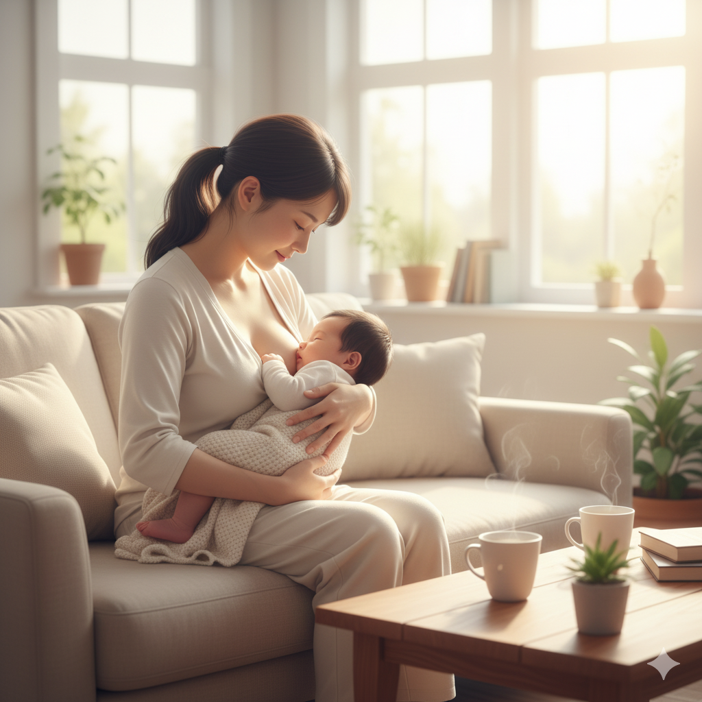 コーヒーを2杯用意し、授乳中のママが赤ちゃんを抱いている様子
