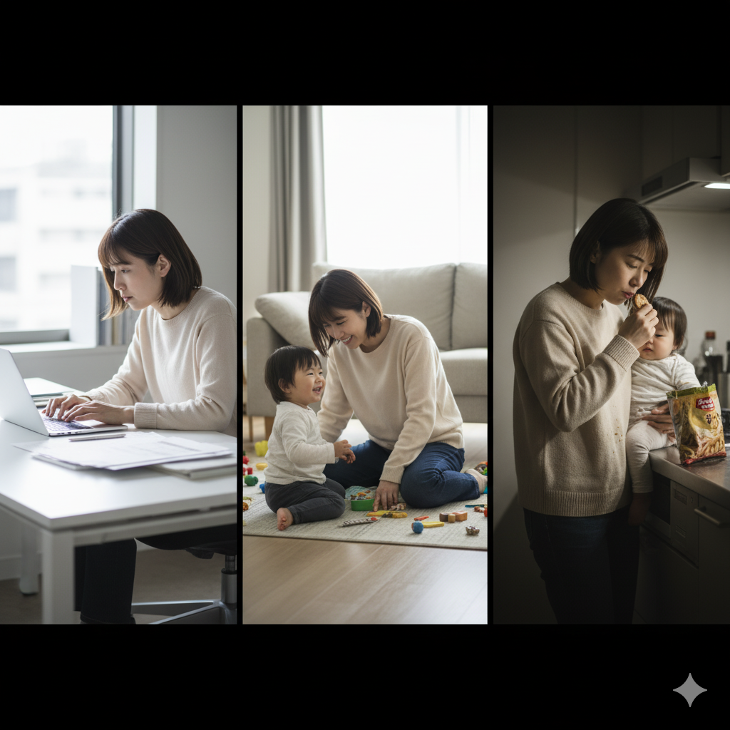 働く産後ママが忙しさとストレスで痩せにくい様子を描いたイメージ
