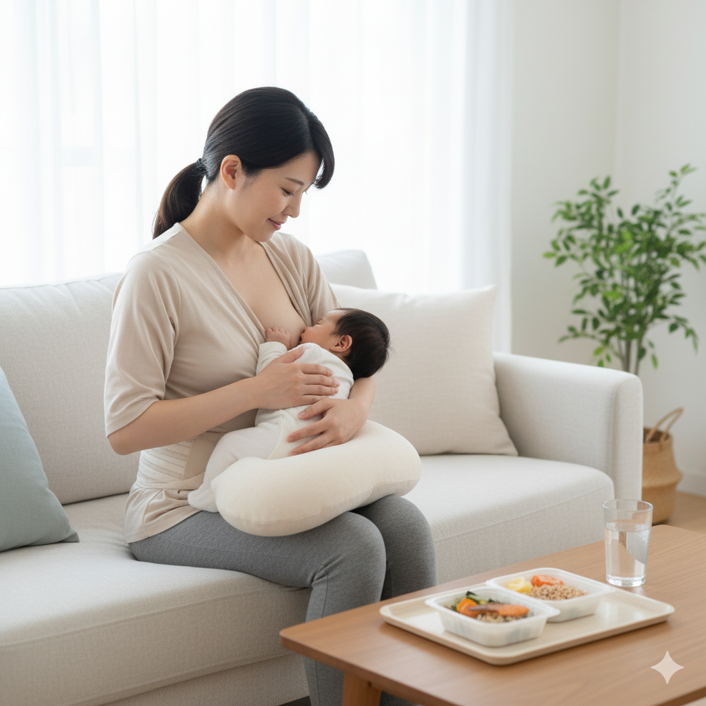 帝王切開後の日本人ママが、腹帯をゆるめに装着し、授乳クッションを使ってソファで授乳している。 
横のテーブルにはバランスの良い宅配惣菜と水のグラス。 
明るいリビング、清潔感のある雰囲気、安心して回復と産後ダイエットを両立しているイメージ。リアル写真風。

