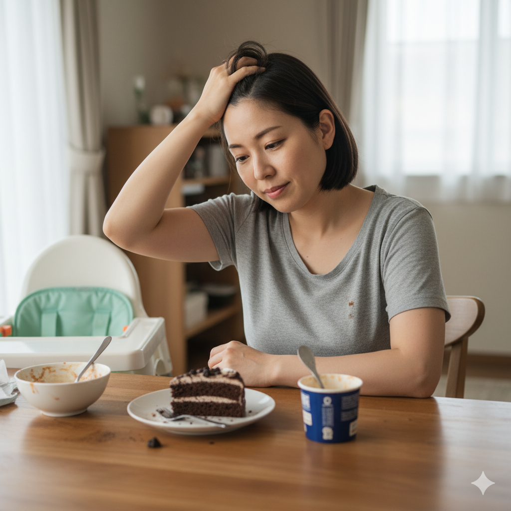 母乳育児中に痩せない原因をイメージしたシーン。食べすぎや睡眠不足で悩むママの様子
