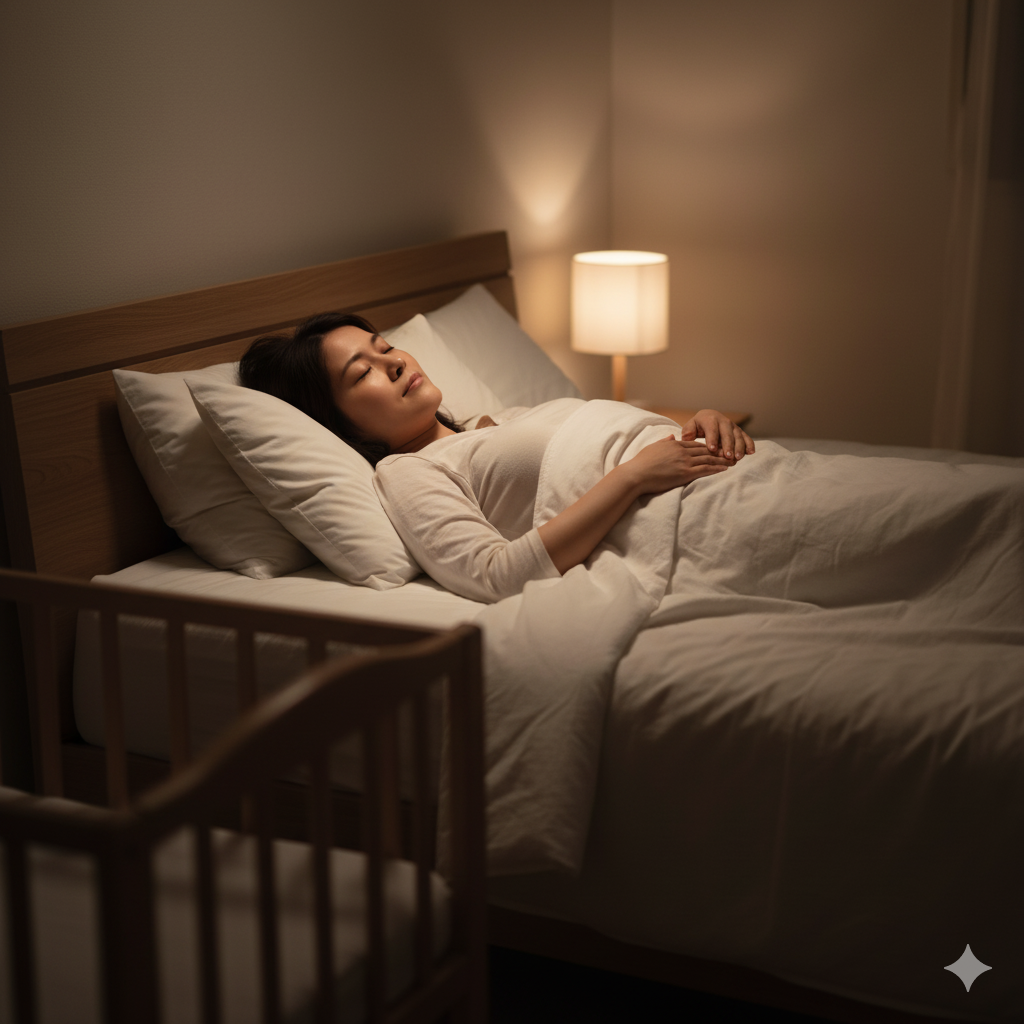 帝王切開後の産後ダイエットで睡眠の質を重視し仮眠を取る日本人ママの様子
