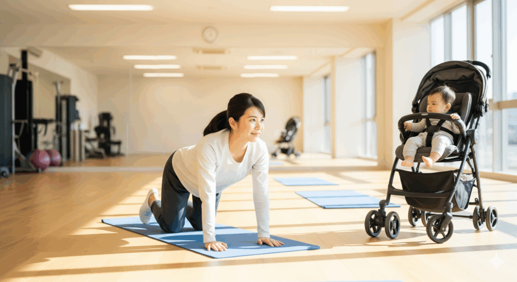 産後にジムに通っている授乳中のママが赤ちゃんのそばでストレッチをしている様子