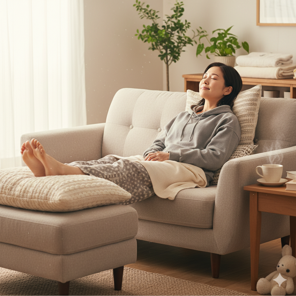出産後のママがソファで足を高くしてリラックスし、むくみを和らげている様子の写真イメージ
