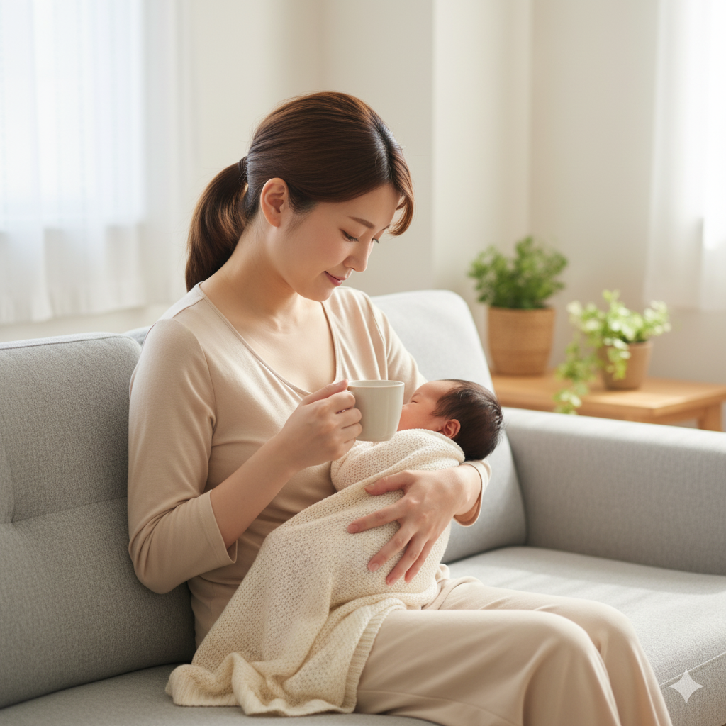 授乳中のママが赤ちゃんを抱きながらコーヒーを飲もうとしている様子
