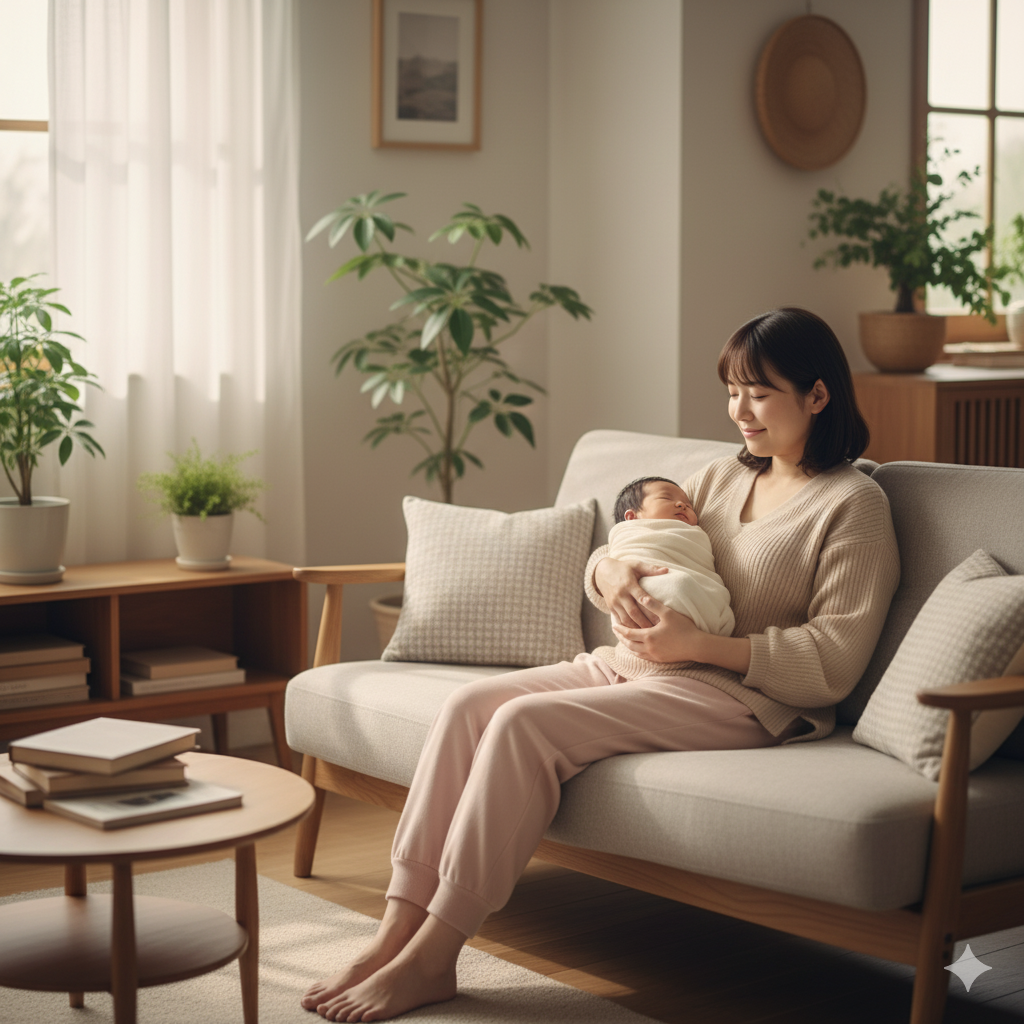 ソファで赤ちゃんを抱きながら安心した表情を見せる産後の日本人ママ。柔らかな光が差し込むリビングで休養を優先している様子。