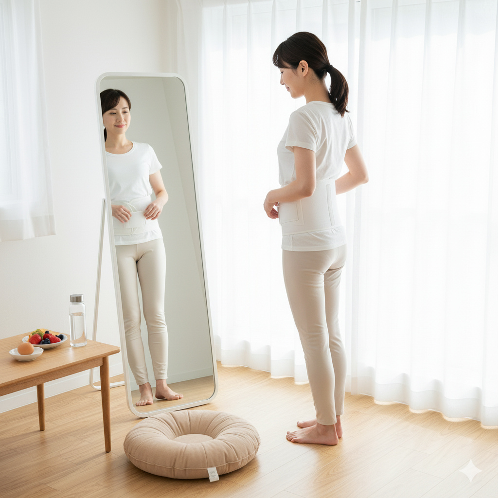産後の女性が鏡の前で骨盤ベルトを正しく装着し、姿勢と生活習慣を整えている様子
