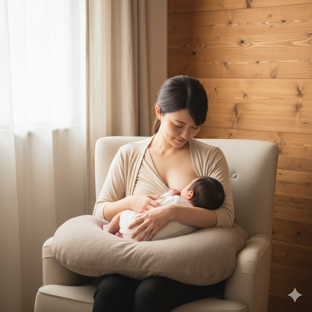 正しい姿勢で赤ちゃんに授乳する産後の日本人女性。背筋を伸ばし、授乳クッションを使って安定した体勢を取っている様子。