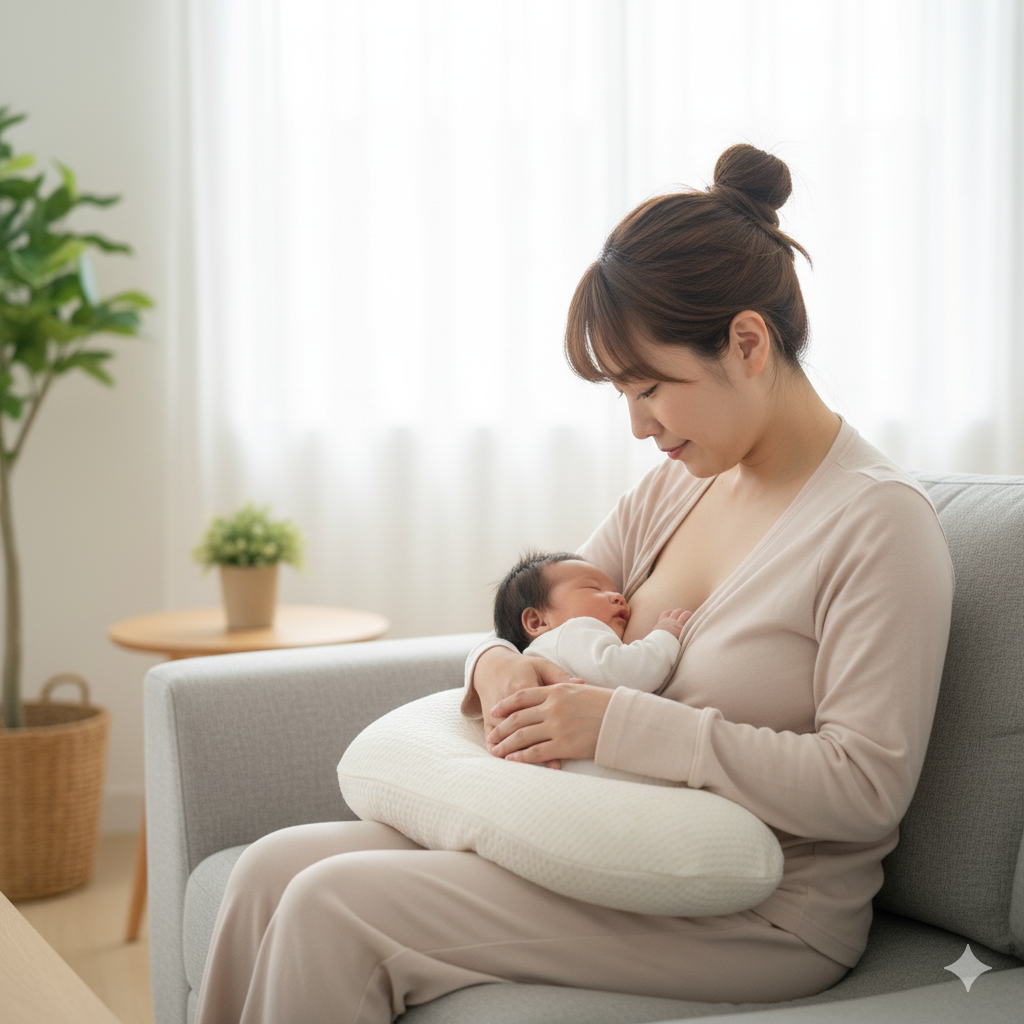 日本人の産後ママが授乳クッションを使い、赤ちゃんに母乳を与えている様子。優しい表情で穏やかな空気感。