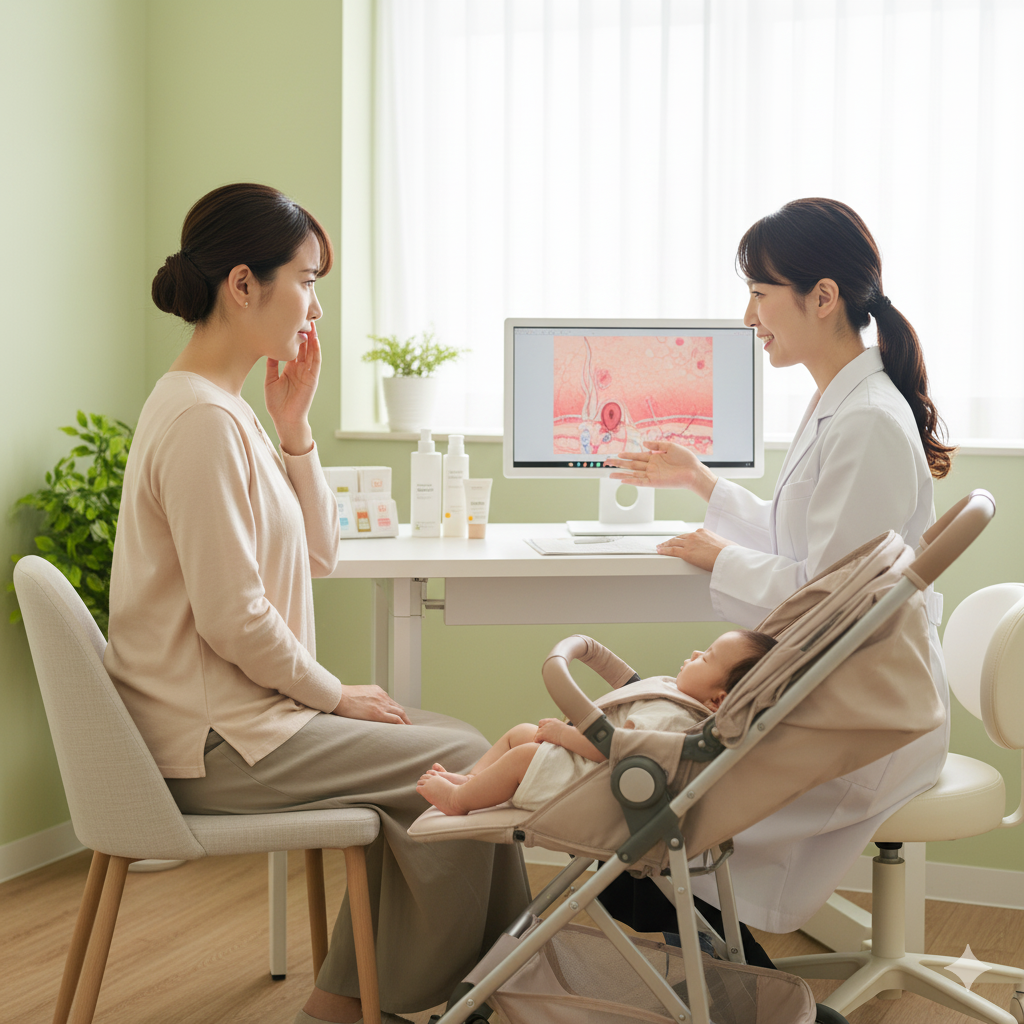 産後の女性が赤ちゃんと一緒に皮膚科を受診し、医師に肌荒れの相談をしている様子

