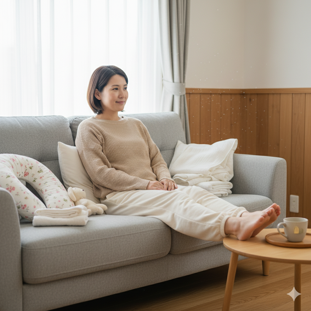 会陰切開の回復期にソファでリラックスする産後の母親