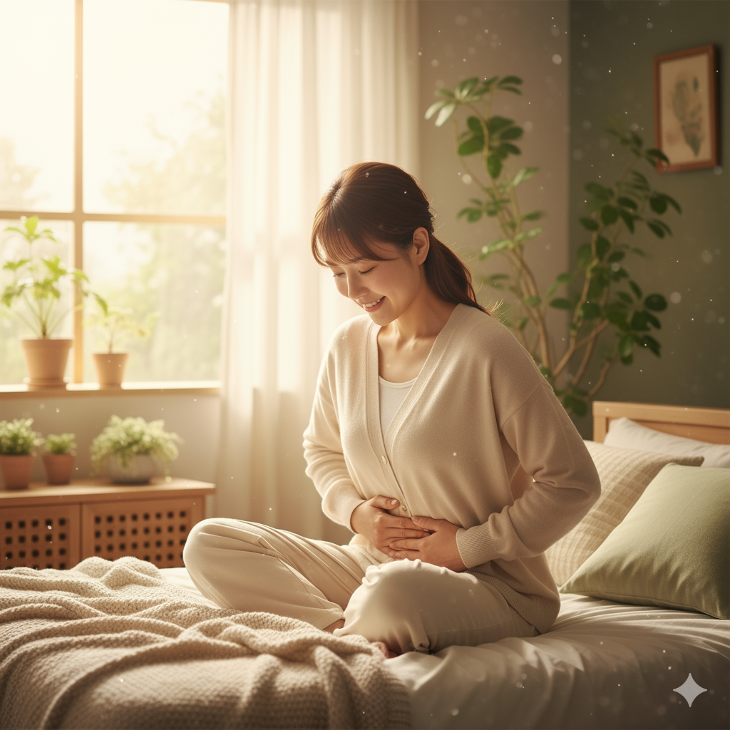 産後の女性が自宅のベッドでお腹を優しく押さえながら微笑んでいる様子。後陣痛ケアをテーマにした温かい雰囲気の写真。