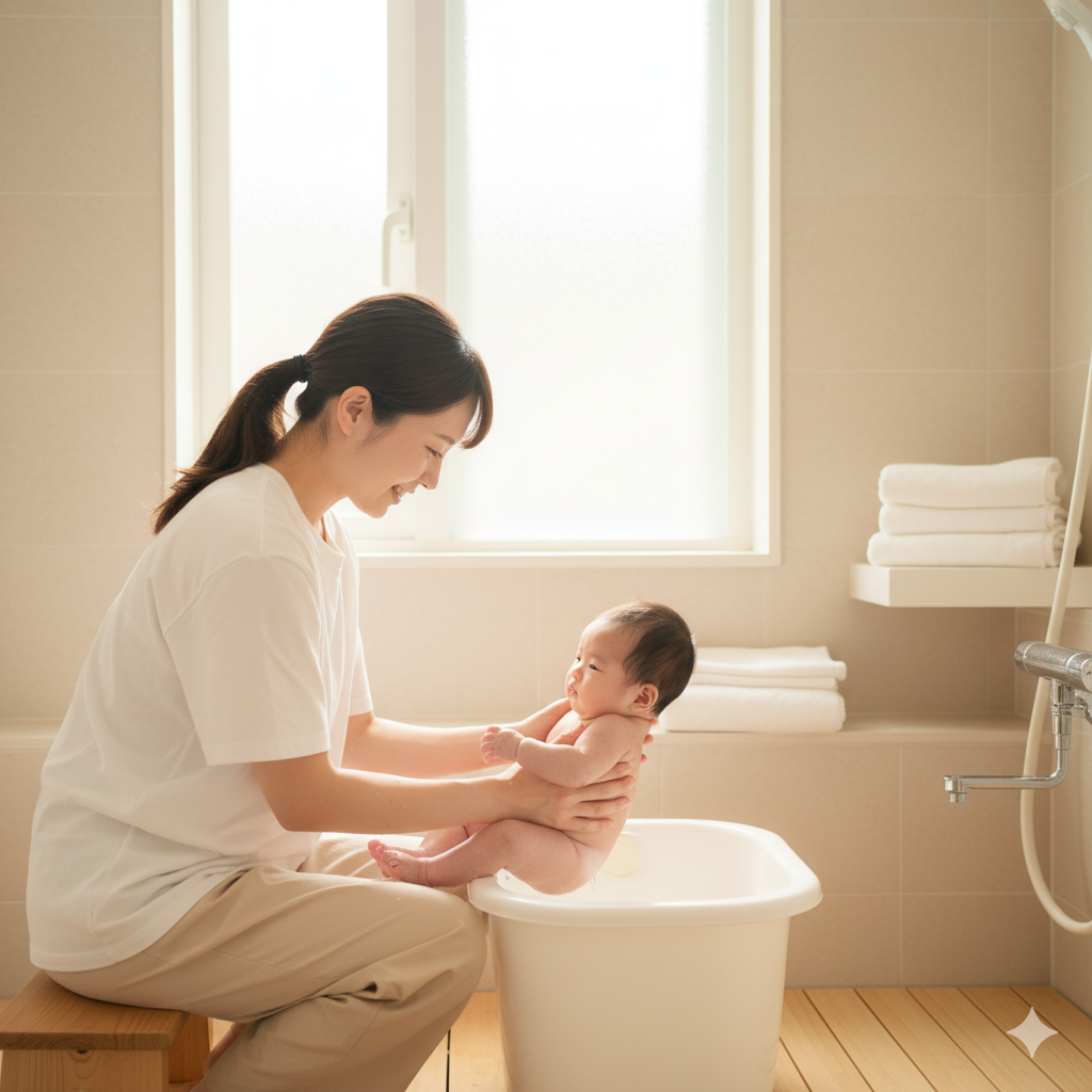 産後1か月を迎えた日本人ママが赤ちゃんと一緒にお風呂に入っている様子。明るいバスルームでぬるめのお湯に浸かり、安心感と温かさを感じるイメージ。