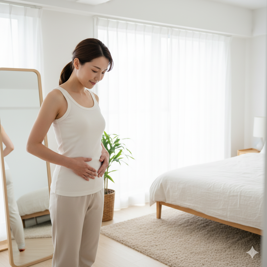 鏡の前でお腹に手を当て、産後の腹直筋離開の状態を確認している日本人女性。明るい室内で穏やかに自分の体と向き合っている様子。