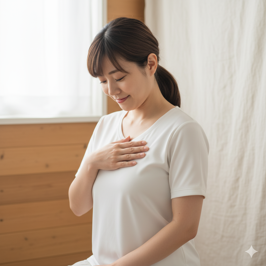 授乳中に胸の張りを感じる産後の日本人女性が、胸に手を当てて穏やかにケアしている様子。