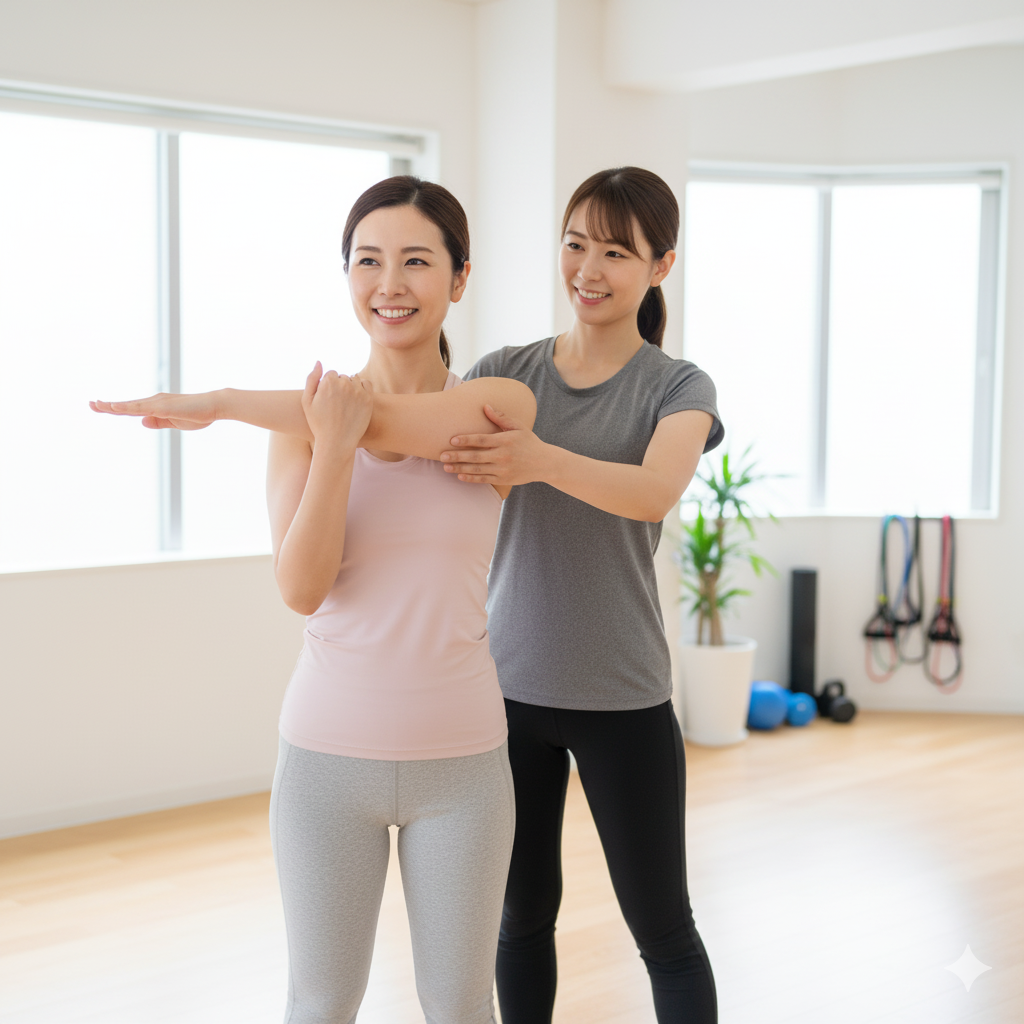 パーソナルトレーナーと一緒にストレッチを行う産後の女性。産後の体を回復させるためのトレーニング風景を写したリアルな写真。