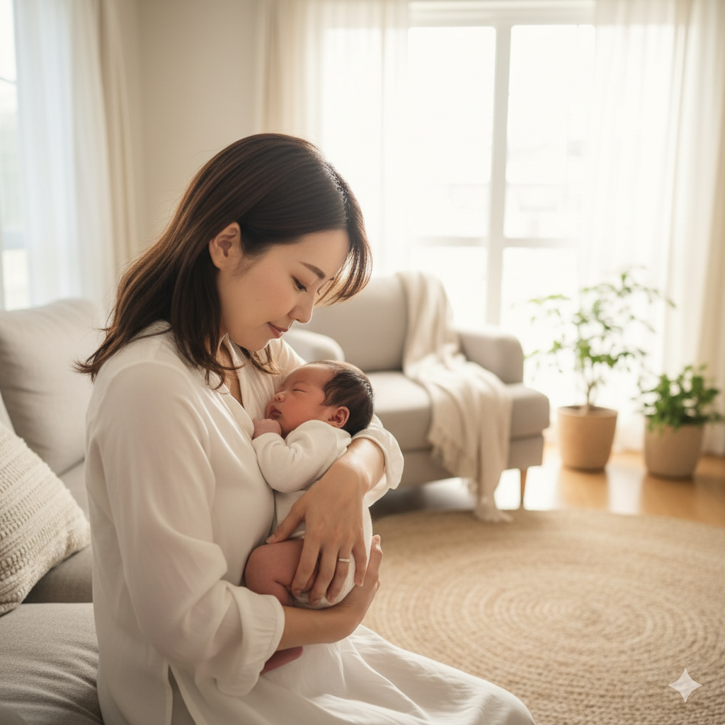 産後の会陰切開の痛みから回復し、赤ちゃんを抱いて微笑む母親