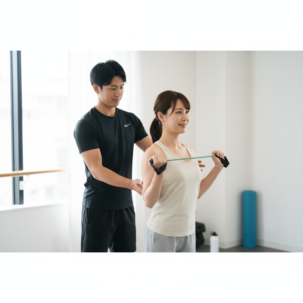 パーソナルトレーナーのサポートを受けながら、背中を伸ばすストレッチを行う産後のママ。