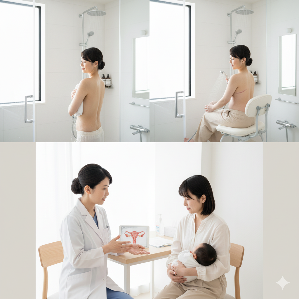 出産方法ごとに異なる産後ママのシャワー風景。自然分娩後の短時間シャワー、帝王切開後に座って行うシャワー、医師の指導を受ける様子をまとめたイメージ画像。