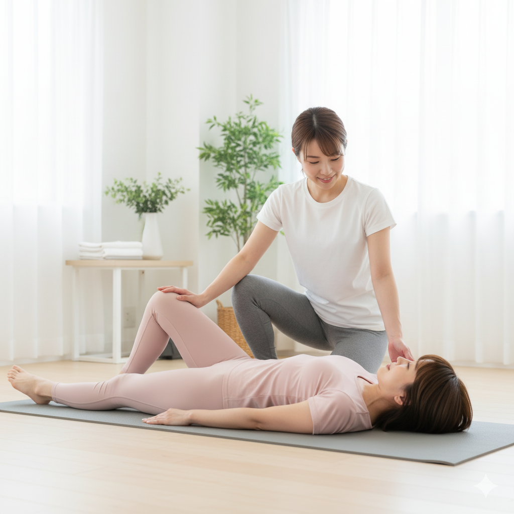 産後の会陰切開回復をサポートするパーソナルトレーナーとストレッチを行う母親