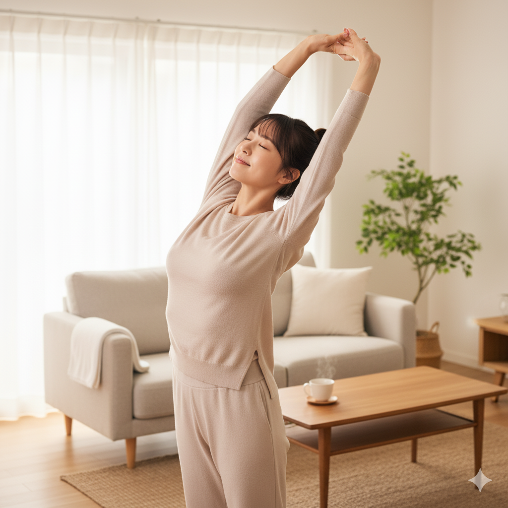 授乳後に胸の張りをケアする日本人女性が、胸を温めたりストレッチで肩をほぐしている様子。