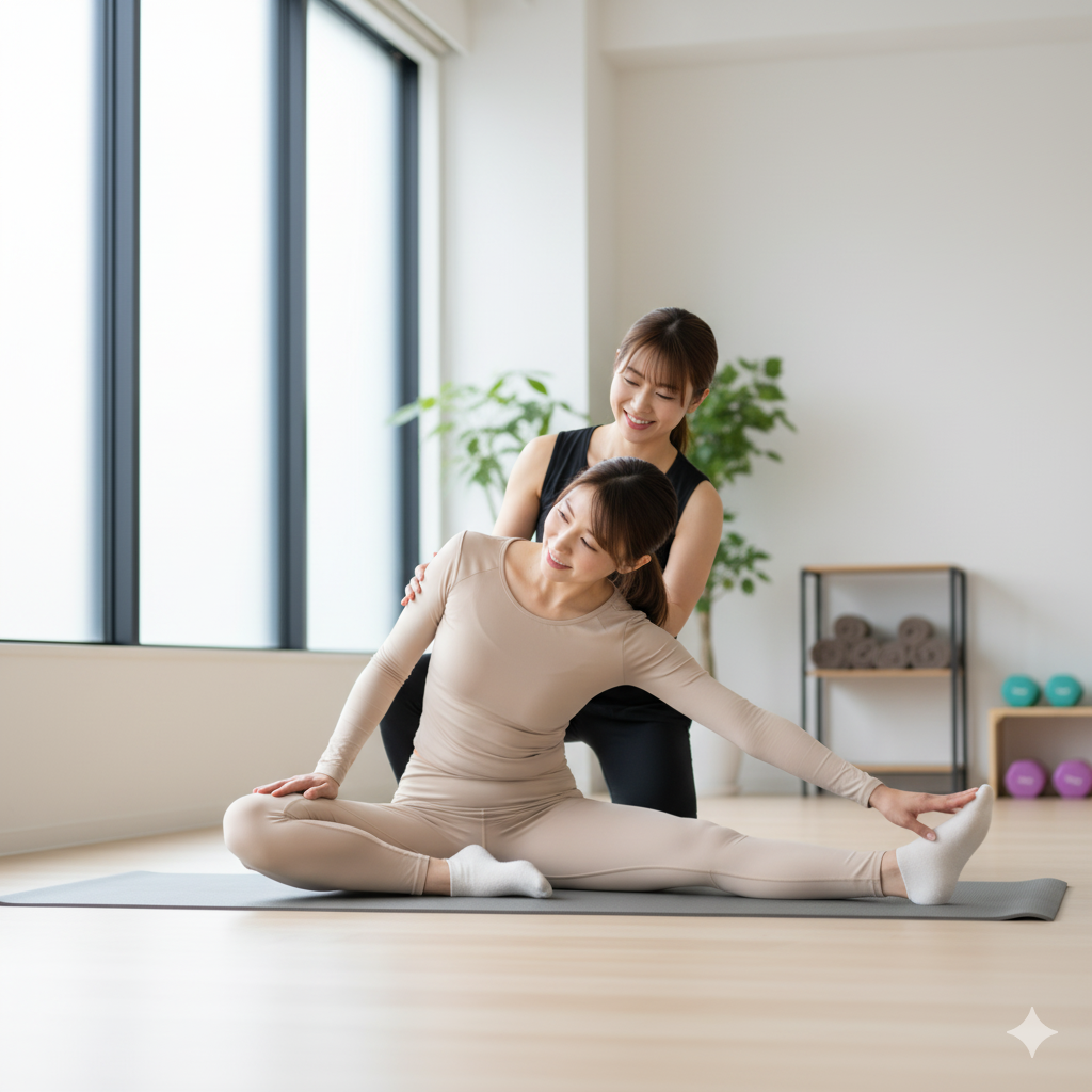 産後の日本人女性がトレーナーのサポートでストレッチをしている様子。明るく清潔なスタジオで安心感のある雰囲気。