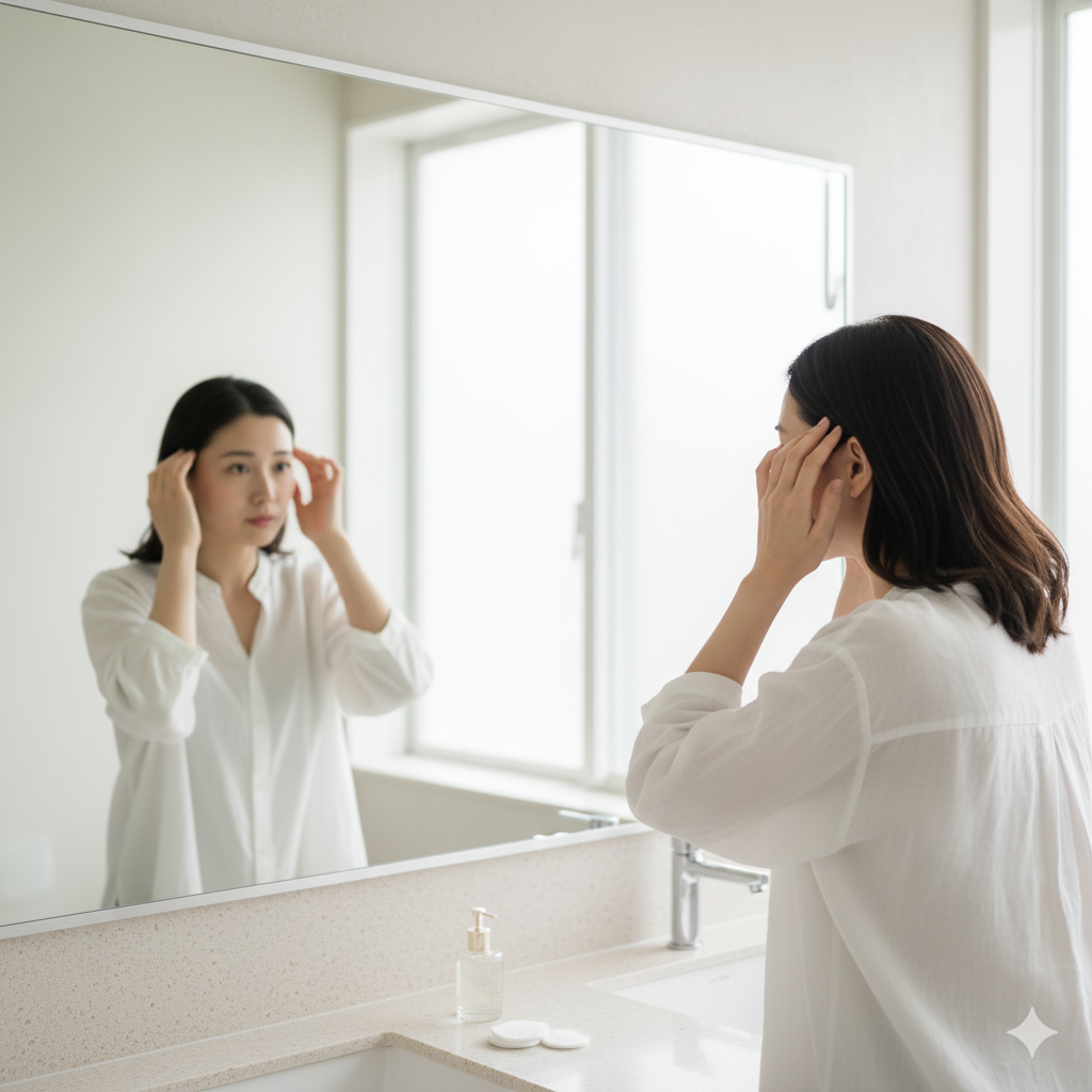 産後の女性が鏡の前で頭皮を優しく触りながら、かゆみを気にしている様子。自然光の中で清潔感のある雰囲気。