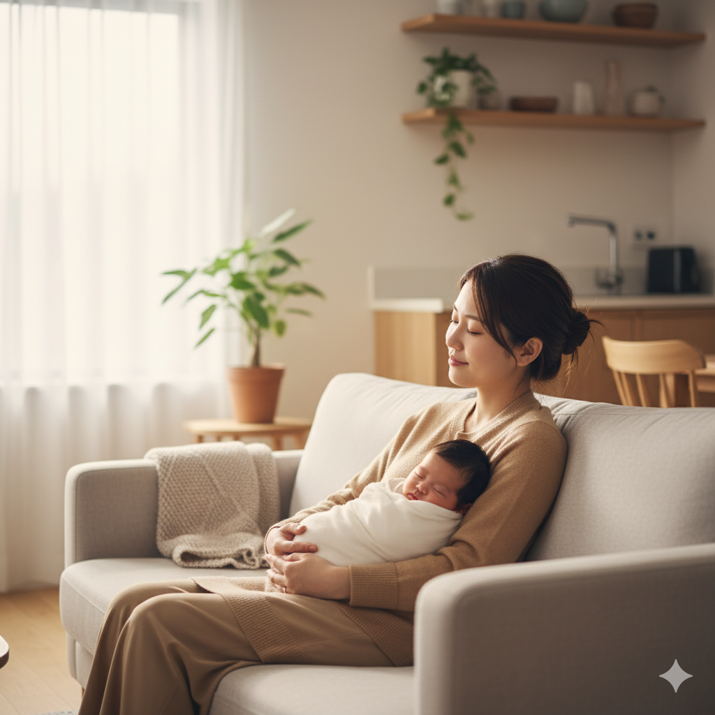 産後のママが赤ちゃんを抱きながらソファでゆったりと過ごす様子。温かい光が差すリビングで穏やかな時間を過ごしている。