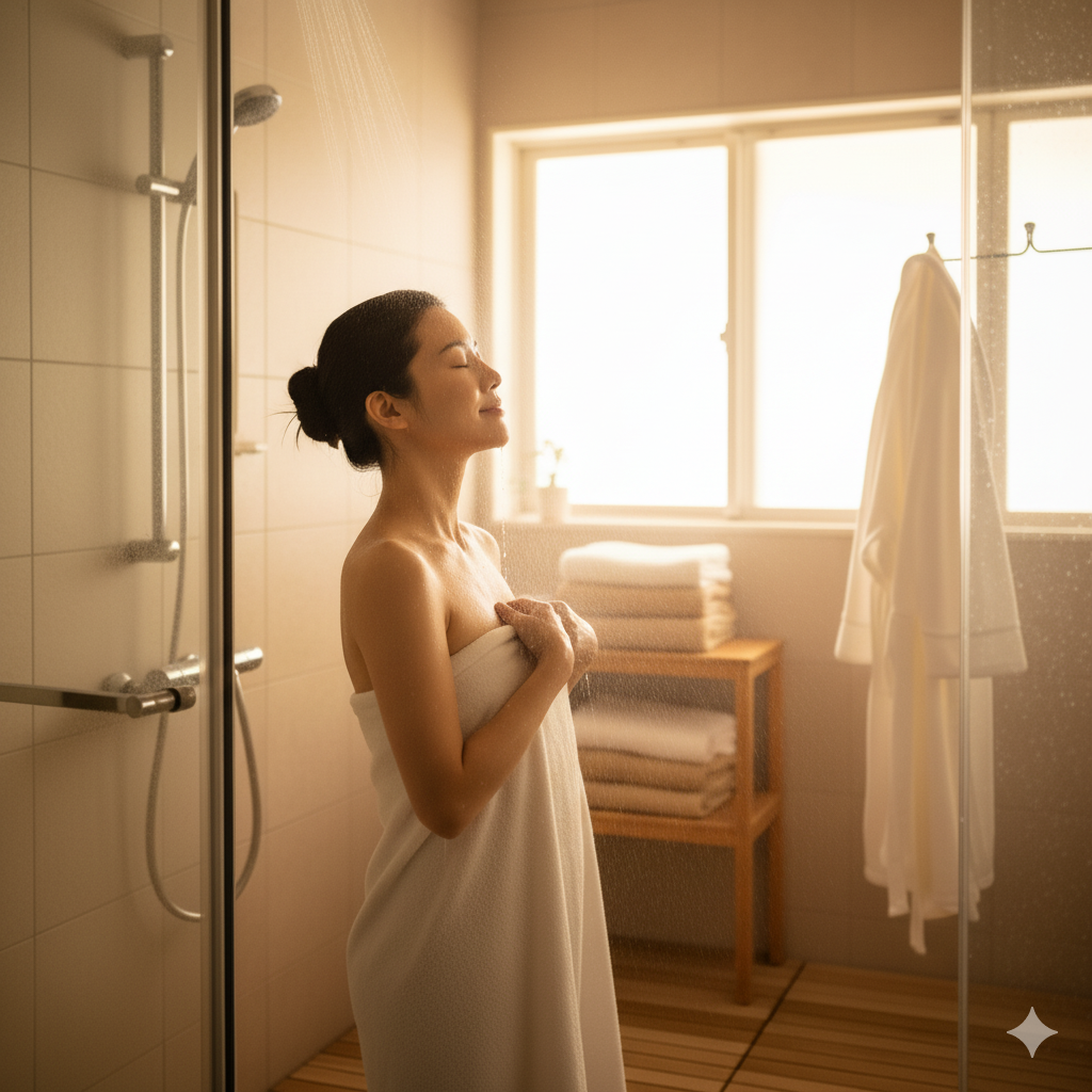 産後の日本人女性がシャワー後にタオルで体を拭きながら微笑む様子。清潔で温かい雰囲気のバスルームで、回復とセルフケアを感じさせるイメージ。