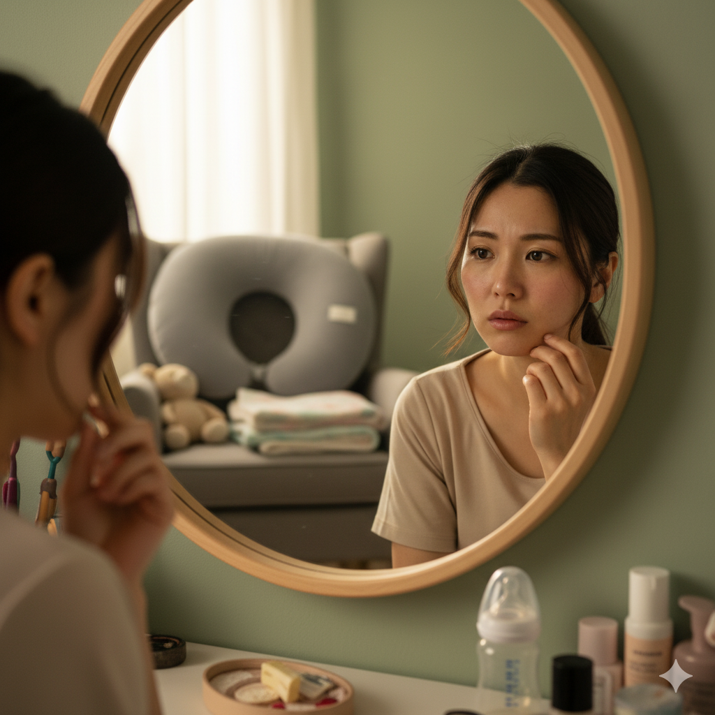 産後の女性が鏡を見ながら肌荒れを気にしている様子
