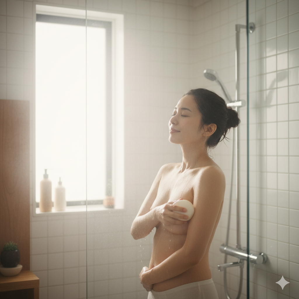 産後のママが浴室でぬるめのシャワーを浴びている姿。清潔に保ちながら体をいたわる様子。