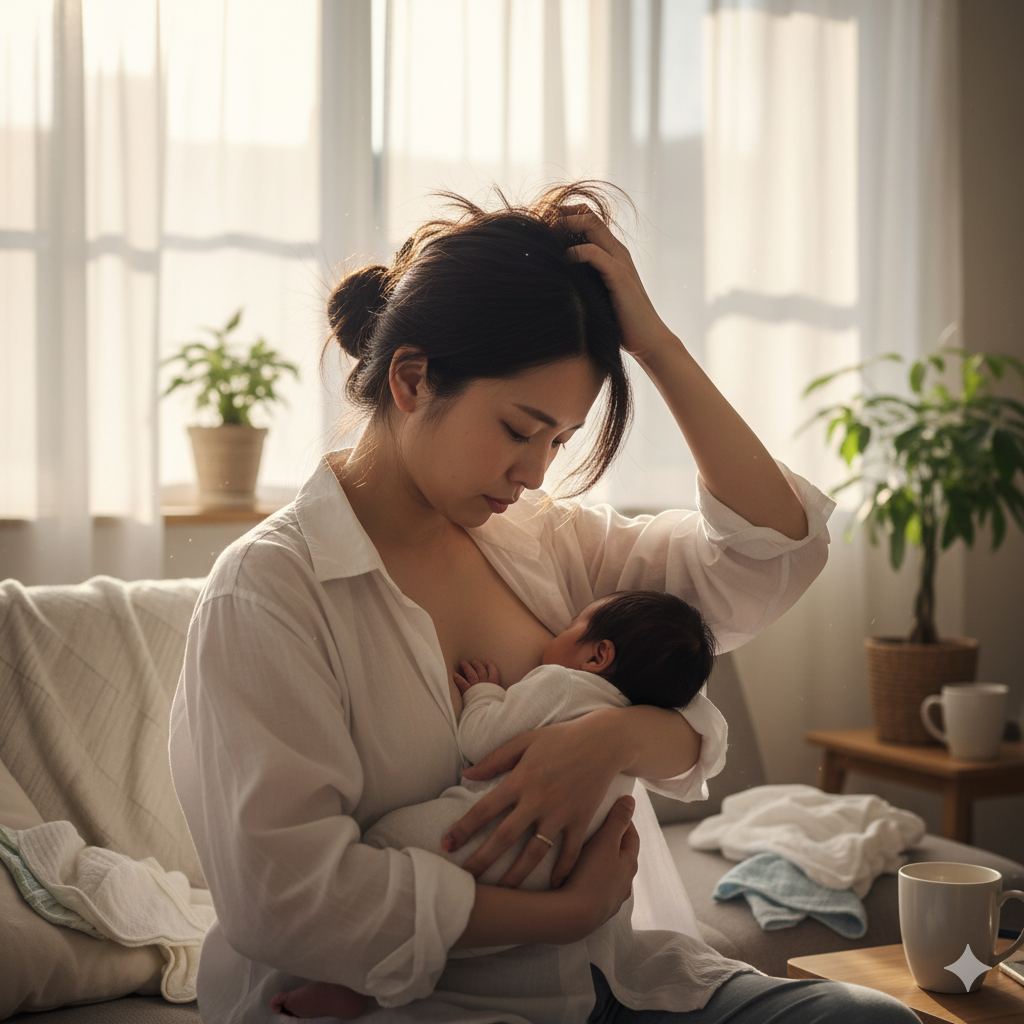 母乳育児中に髪の抜け毛を気にしている産後の日本人女性