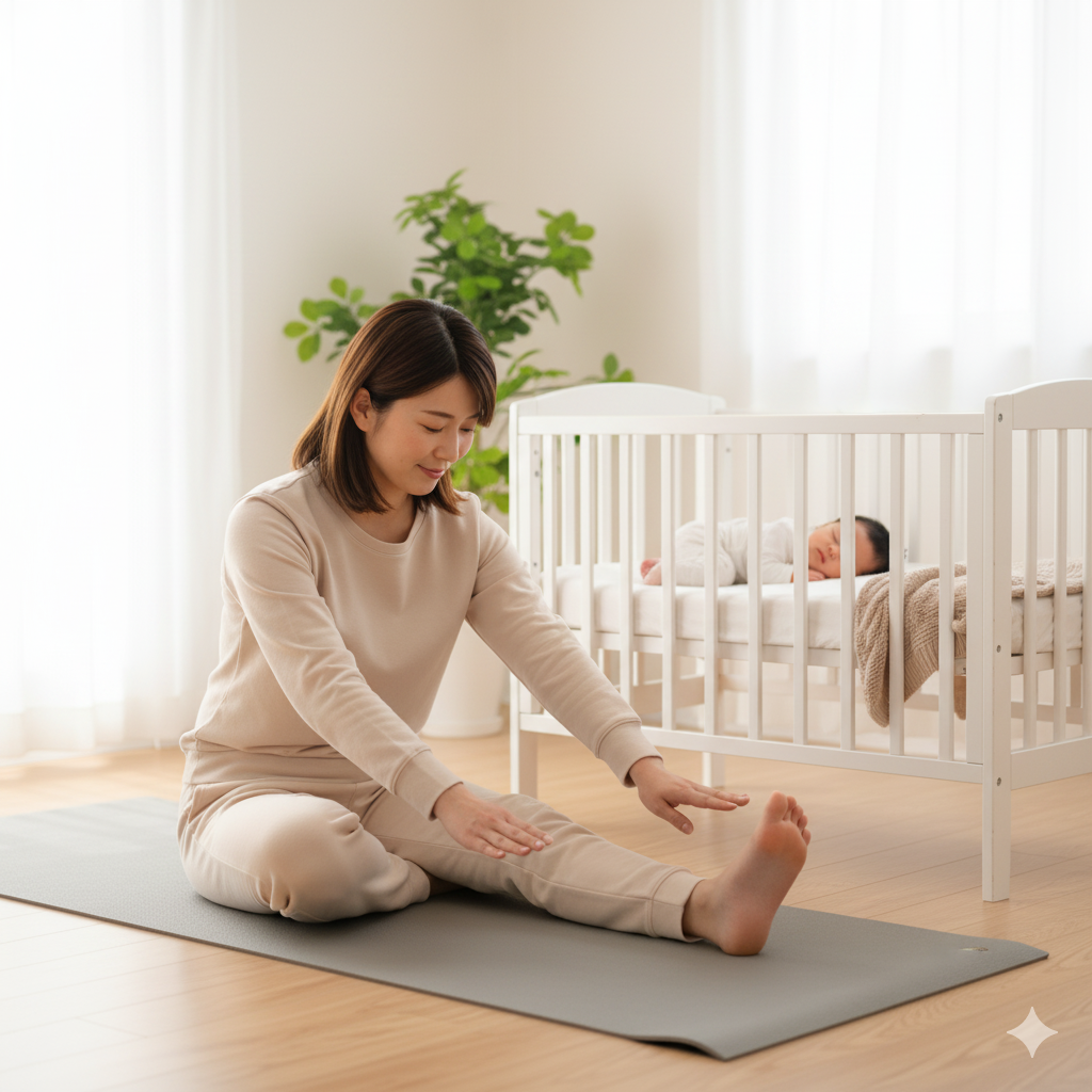 自宅でお尻のストレッチを行う産後の日本人女性。片脚を組んで前屈し、尾てい骨まわりの筋肉を伸ばしている様子。自然光の中で穏やかな雰囲気。