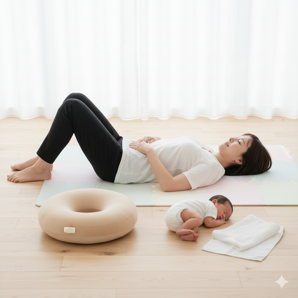 産後の女性が仰向けに寝て膝を立て、骨盤底筋エクササイズを行っている様子