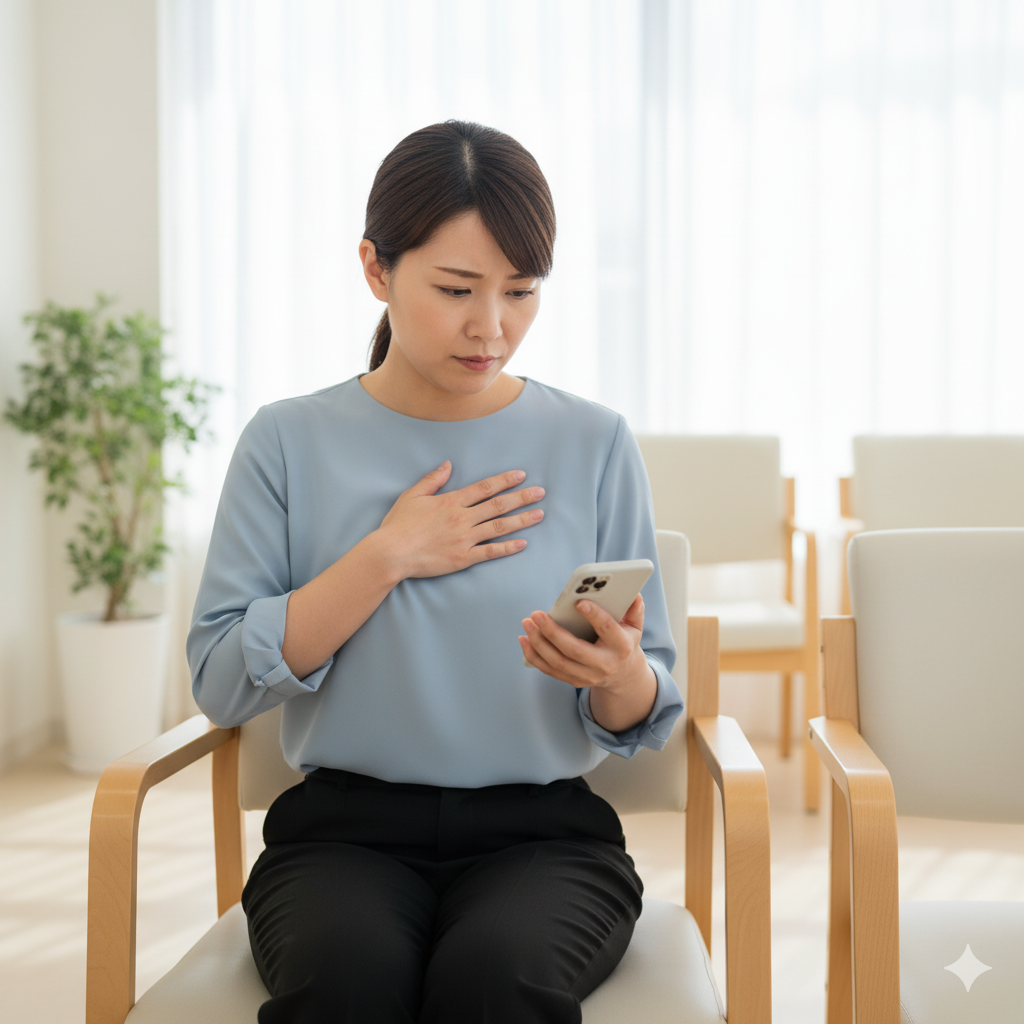 胸の張りと痛みに悩む産後の日本人女性が、病院への受診を考えている様子。