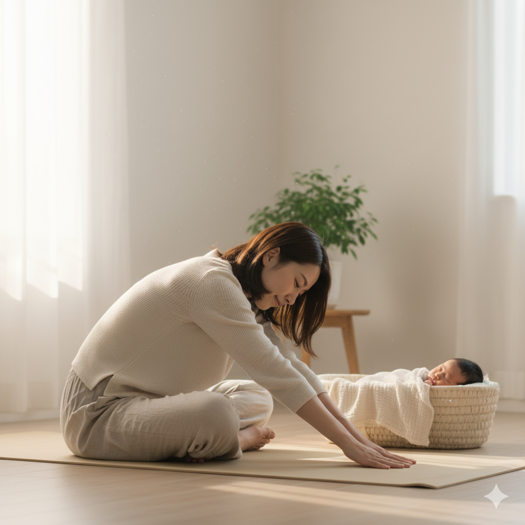 産後のママが自宅で背中をストレッチしている様子。明るいリビングで赤ちゃんのそばに座り、優しい笑顔で体を伸ばしている。