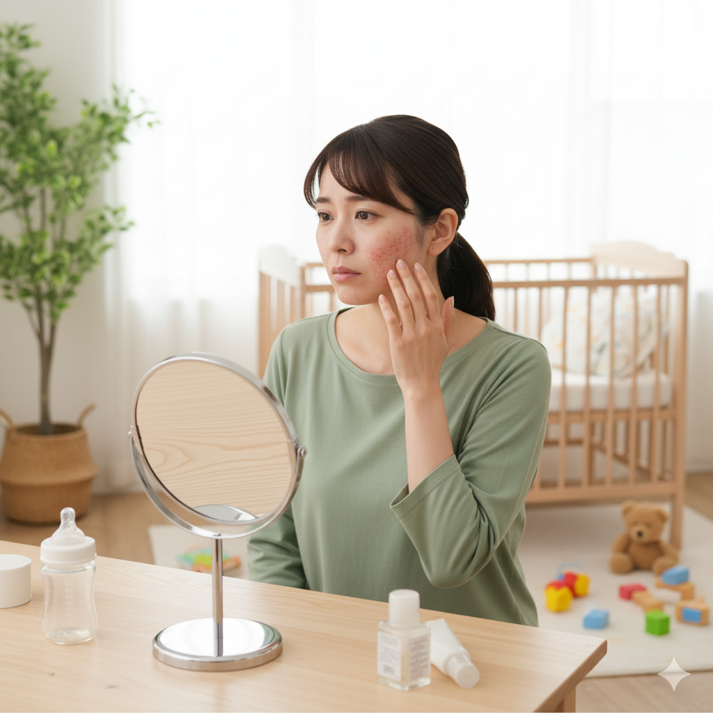 産後の女性が鏡を見ながらホルモンバランスの変化による肌荒れを気にしている様子
