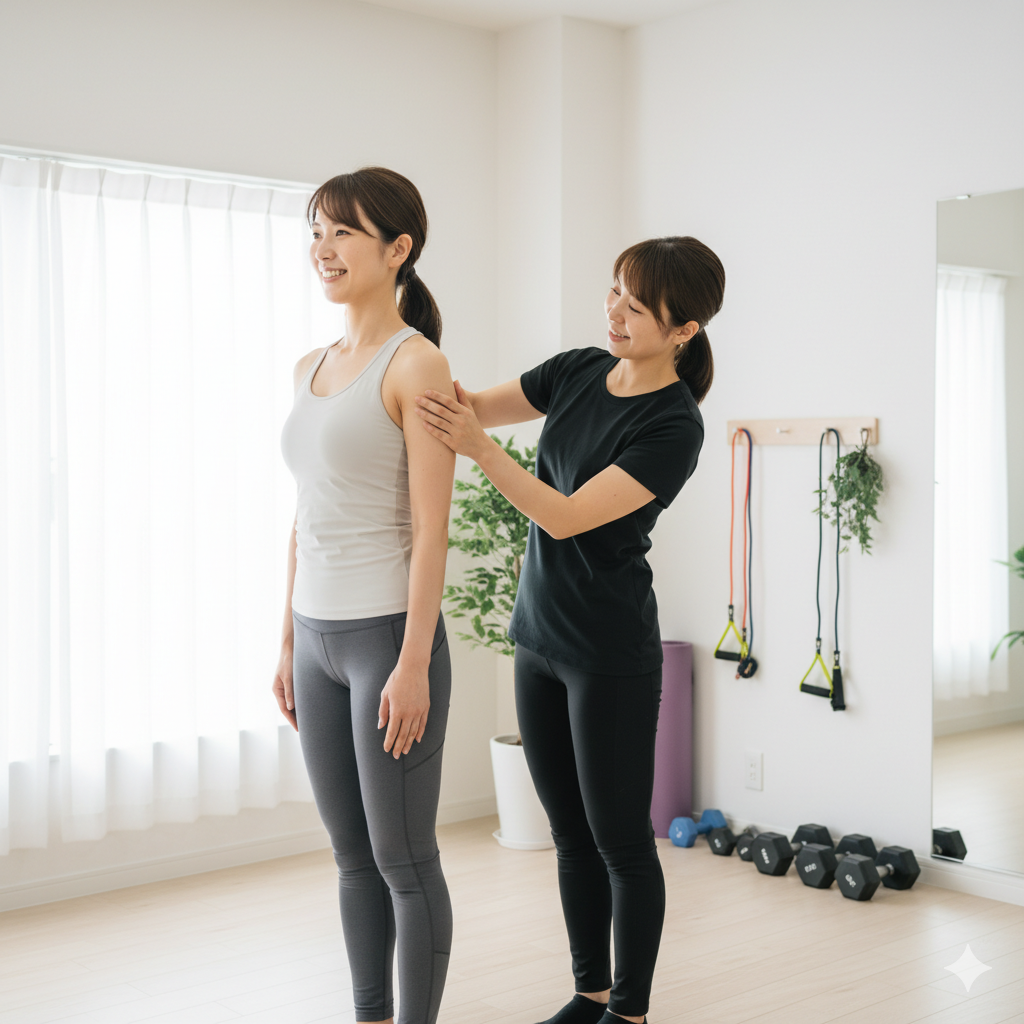 産後の日本人女性がパーソナルトレーナーと一緒に姿勢を確認している様子。明るいジムで穏やかな雰囲気の中、腹直筋離開ケアの相談をしているシーン。