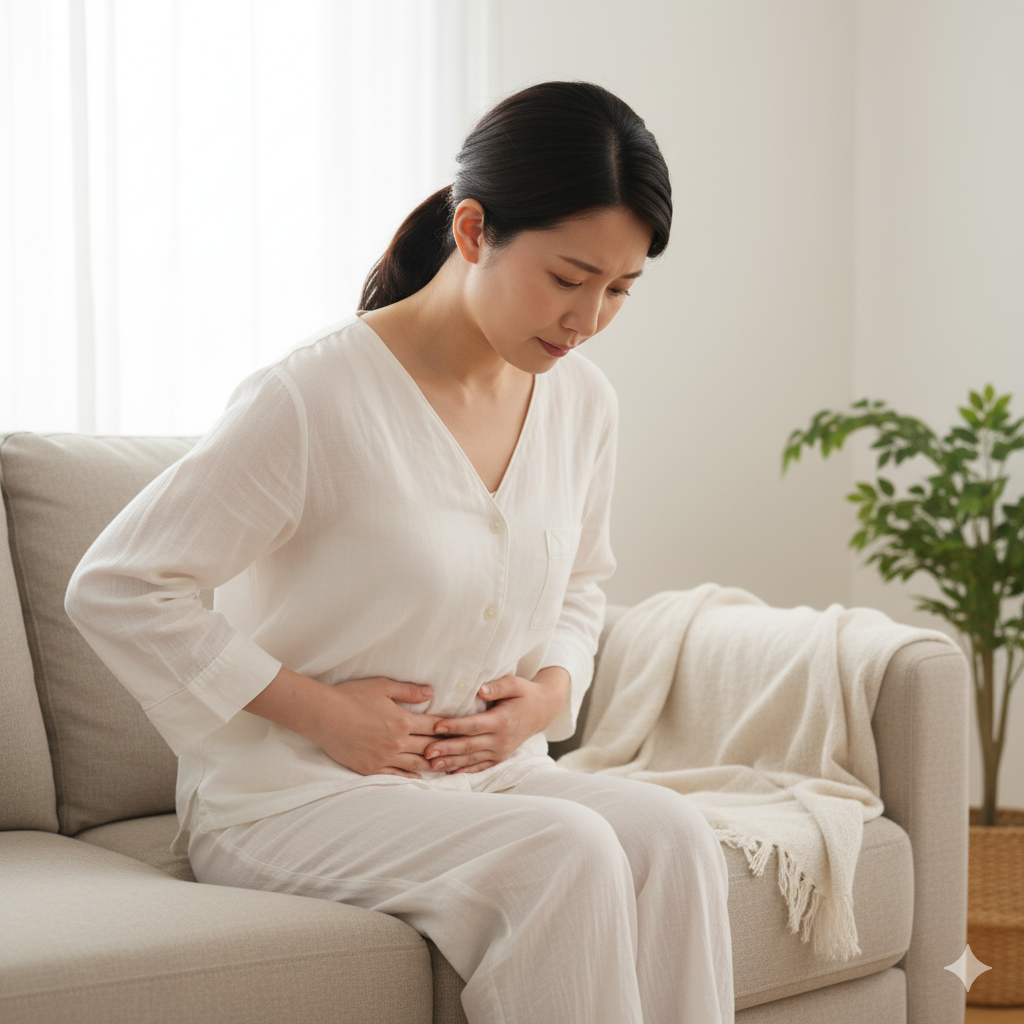 産後のママが下腹部の違和感を感じながらソファで体をさする様子。排尿・排便トラブルに悩む姿をイメージした写真。