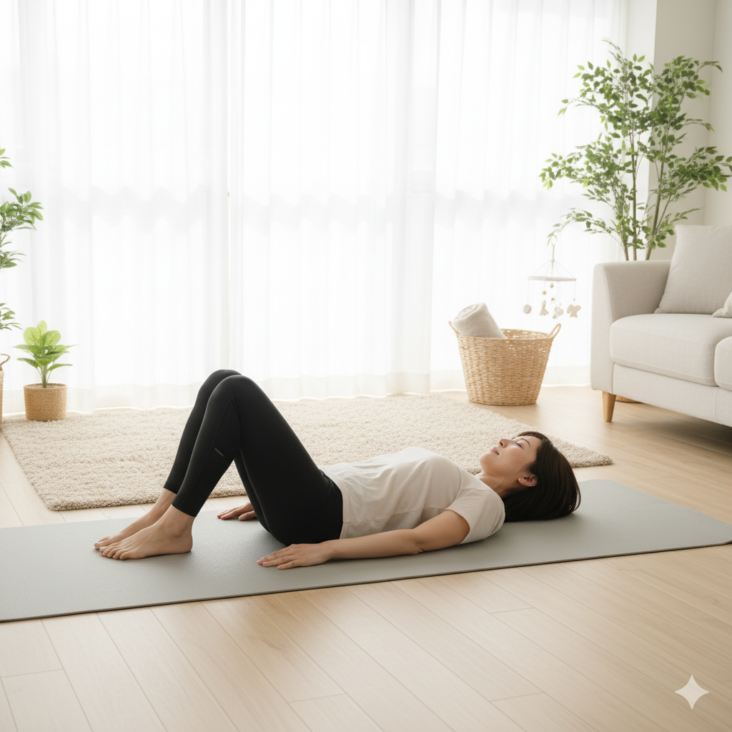 会陰切開後の回復を促す骨盤底筋トレーニングを行う産後ママ