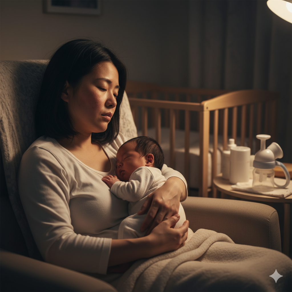 産後のママが夜中に赤ちゃんを抱っこし、睡眠不足で肌荒れに悩んでいる様子
