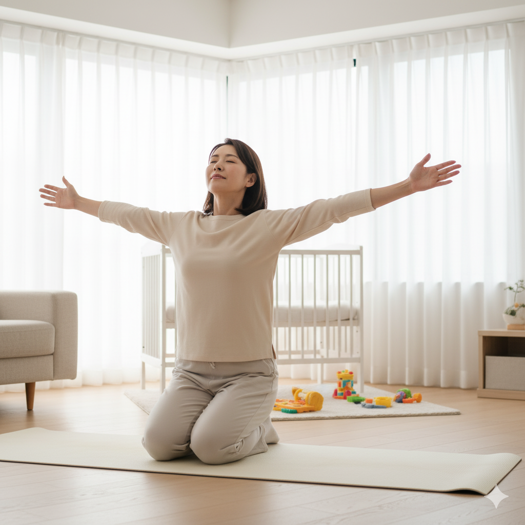 自宅のリビングでヨガマットの上に座り、背中をゆっくり伸ばす産後のママ。隣には赤ちゃんのおもちゃが置かれている。