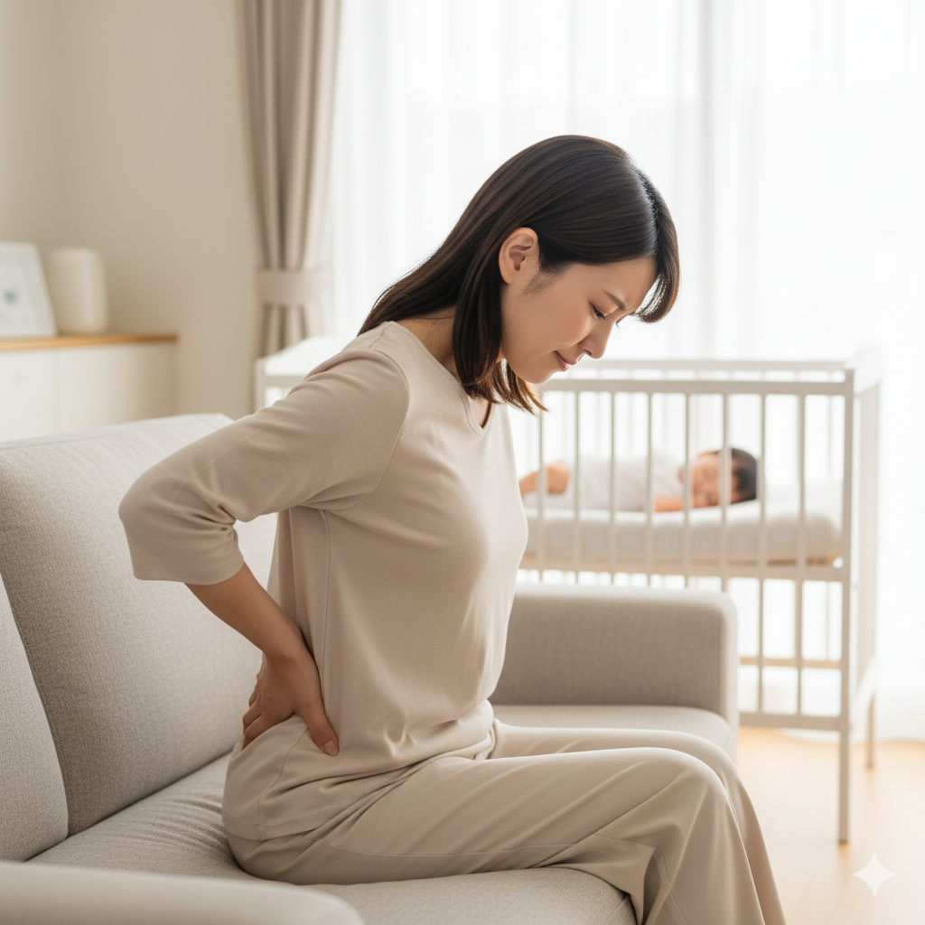 産後の女性が尾てい骨の痛みを感じ、腰からお尻に手を当てている様子。自然光の入る室内で、育児中の生活を思わせるリアルな光景。