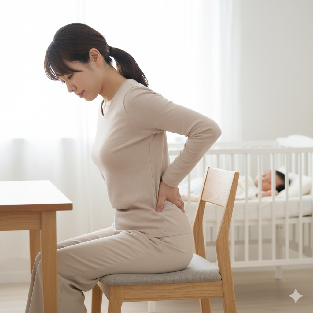 椅子に座った産後の女性が尾てい骨の痛みに手を当てている様子。自然光の入る室内で、育児中の生活感が伝わるリアルな写真。
