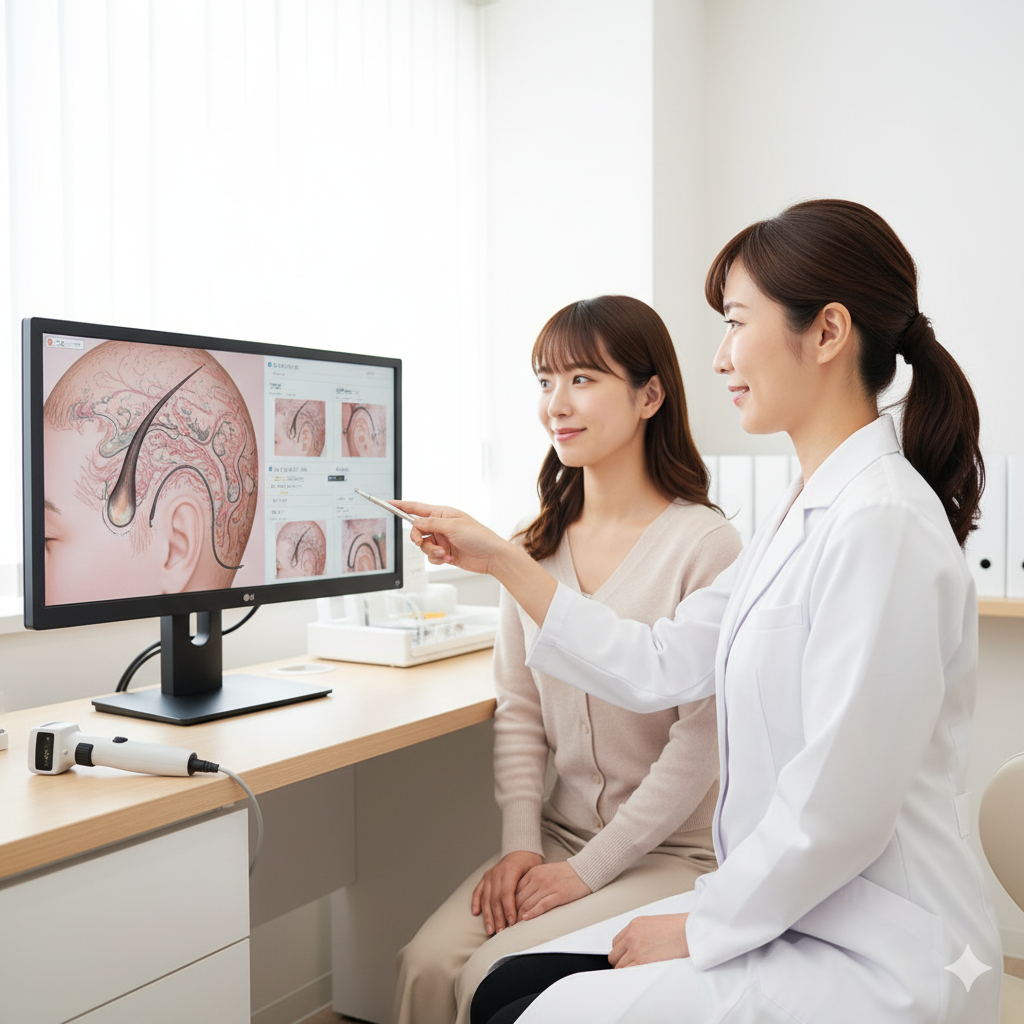 皮膚科医がモニターに映した頭皮の画像を見ながら、産後の女性に治療内容を丁寧に説明している様子。