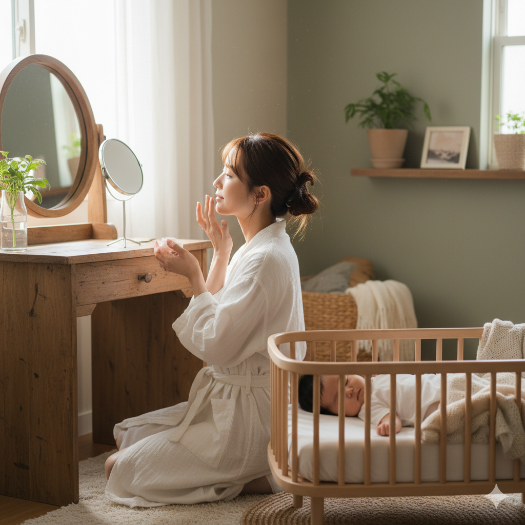 産後のママが赤ちゃんの隣でスキンケアをしている様子