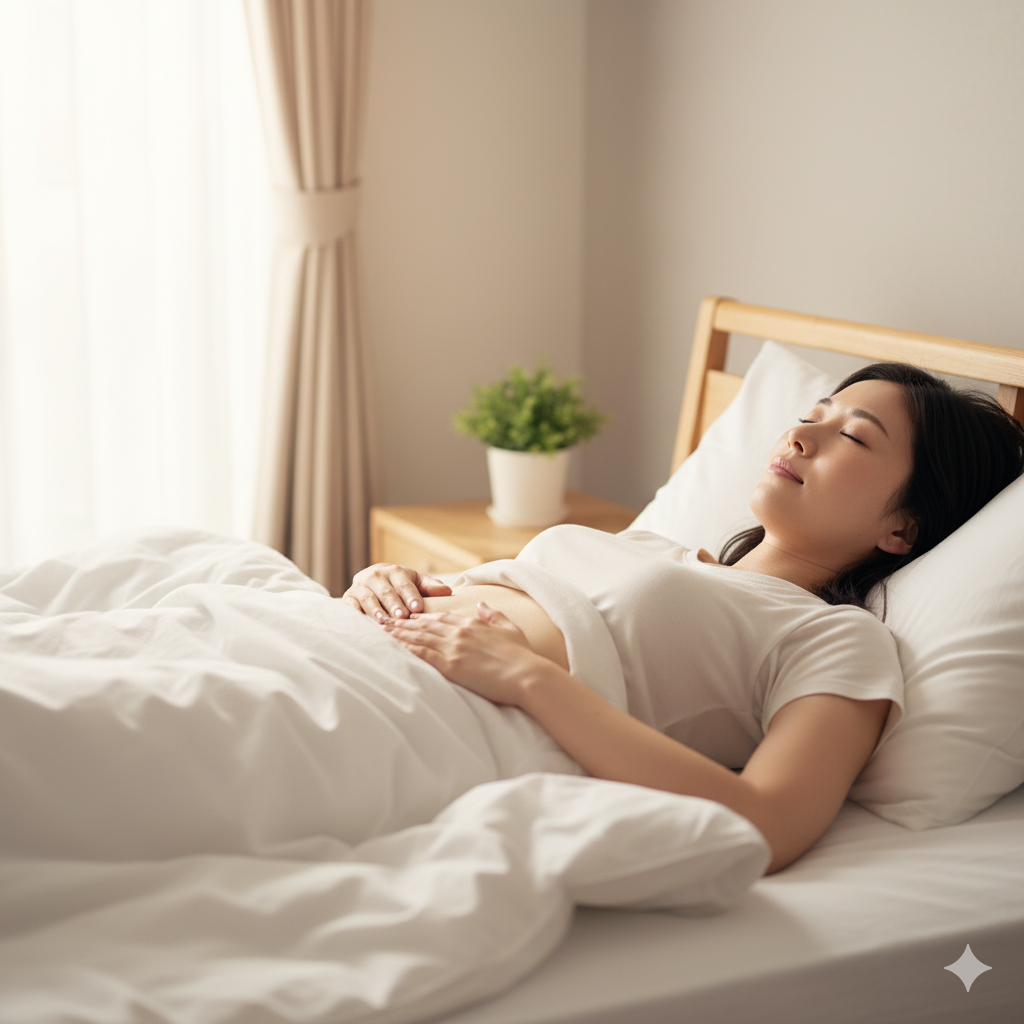 産後の女性がベッドでお腹に手をあて、体の回復を感じながら休んでいる様子。