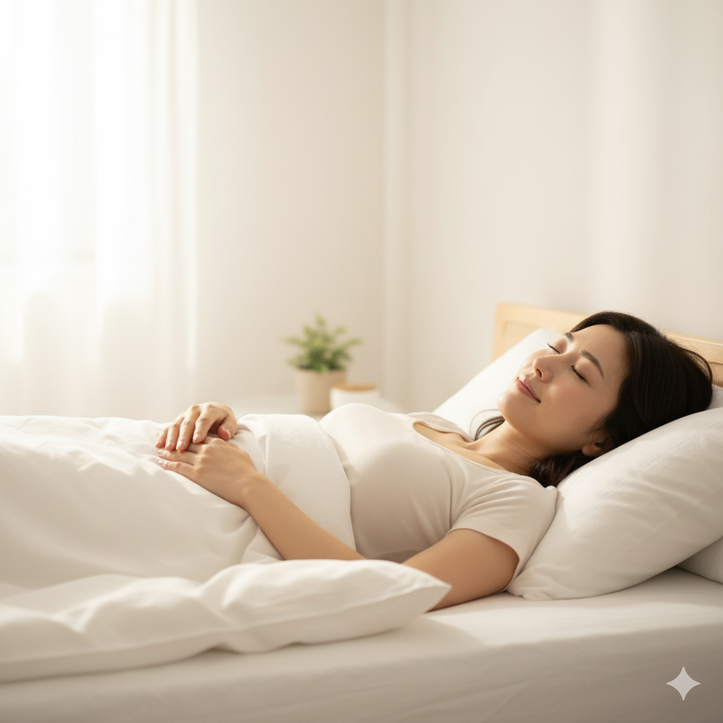 出産を終えた日本人女性が静かに横たわり、体を休めている姿。産後の回復期を象徴する穏やかなシーン。