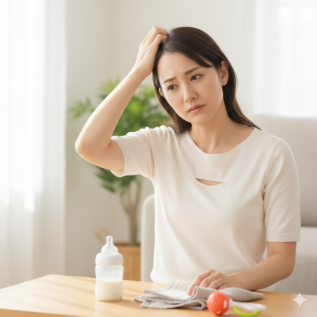 産後の女性が頭皮のかゆみを気にして頭を触りながら少し困った表情をしている。近くに赤ちゃん用品が置かれた室内の様子。