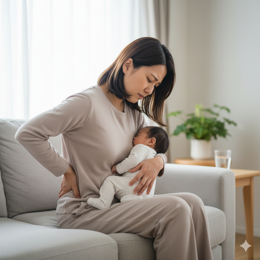 赤ちゃんを抱いた産後のママが、背中を押さえながら少しつらそうな表情をしている様子。